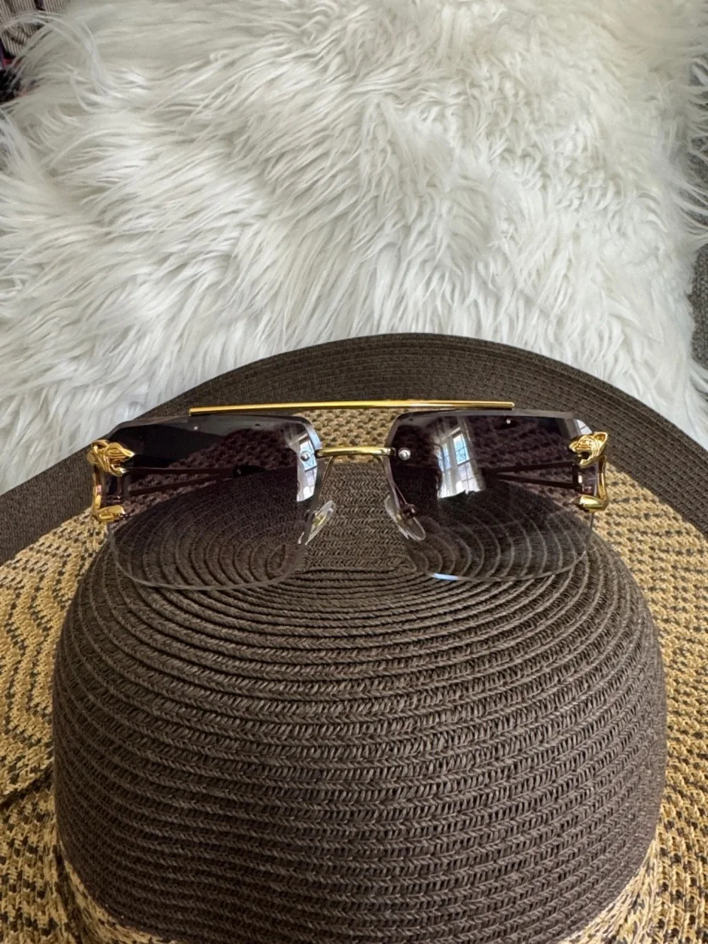 Men's Rimless Sunglasses in Dark Brown with Gold Trim